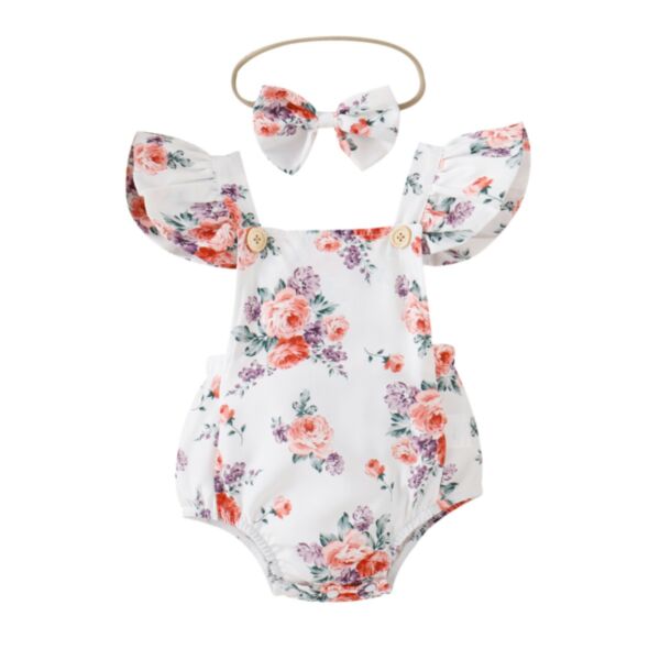 3-24M Baby Girl Fly Sleeve Print Backless Crotch-Openable Bodysuit And Headband Wholesale Baby Clothes Suppliers KJV591730