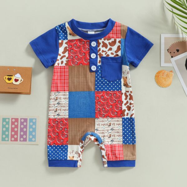 0-18M Baby Girl & Boy Cartoon Bull Head Square Print Short-Sleeved Jumpsuit Wholesale Baby Clothes KJV591737