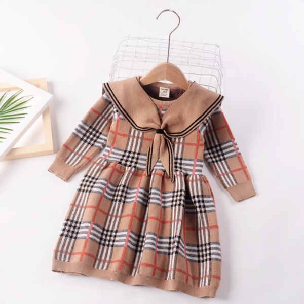 3-7Y Plaid Long Sleeve Knitwear Collar Dress Wholesale Kids Boutique Clothing