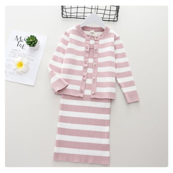 3-7Y Striped Knitwear Long Sleeve Cardigan And Long Skirt Set Wholesale Kids Boutique Clothing KSV493463