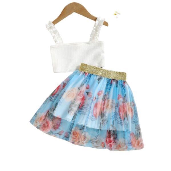 12M-5Y Toddler Girl Sets Solid Color Ruffle Halter Top And Floral Print Mesh Skirt Wholesale Girls Clothes KSV591743