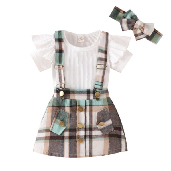 9M-4Y Toddler Girl Sets Solid Color Ribbed Short-Sleeved Bodysuit And Plaid Suspender Skirt And Headband Wholesale Girls Fashion Clothes KSV591696