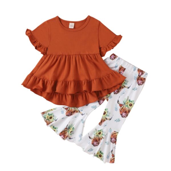 9M-5Y Toddler Girl Sets Short-Sleeved Ruffle Hem Top And Cartoon Cow Head Print Flared Pants Wholesale Little Girl Clothing KSV591713