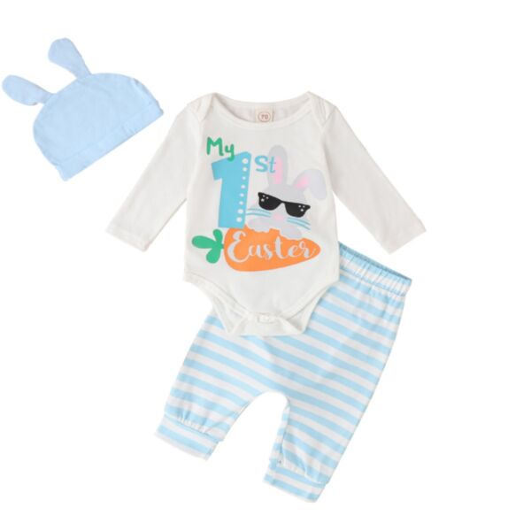 0-12M Baby Sets Easter Cartoon Bunny Letter Print Long-Sleeved Bodysuit And Striped Pants And Hat Wholesale Baby Boutique Clothing KSV591716