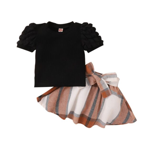 9M-4Y Toddler Girl Sets Solid Color Ribbed Puff Sleeve Top And Plaid Skirt Fashion Girl Wholesale KSV591718