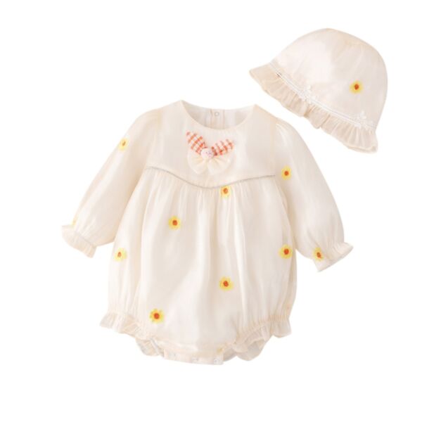 0-18M Baby Girl Long-Sleeved Floral Embroidered Bow Bodysuit And Hat Wholesale Baby Clothes KJV591775