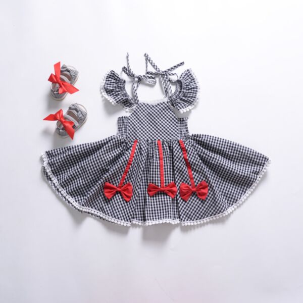 18M-5Y Toddler Girl Plaid Print Bow Ruffle Suspender Dress Girl Wholesale Boutique Clothing KDV591768