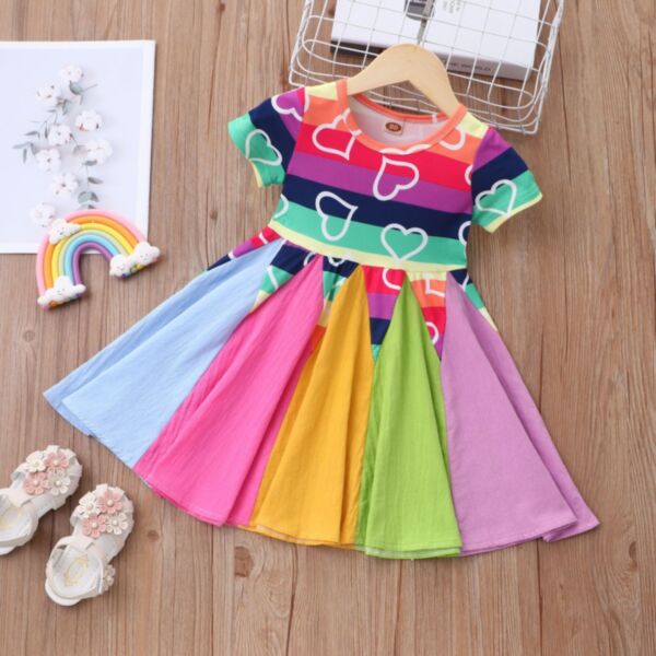 18M-6Y Toddler Girl Short-Sleeved Cartoon Heart Dinosaur Rainbow Print Dress Fashion Girl Wholesale KDV591766