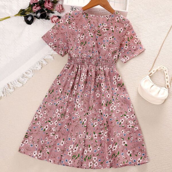 7-12Y Floral Short Sleeve Long Pleated Dress Wholesale Kids Boutique Clothing KDV493376