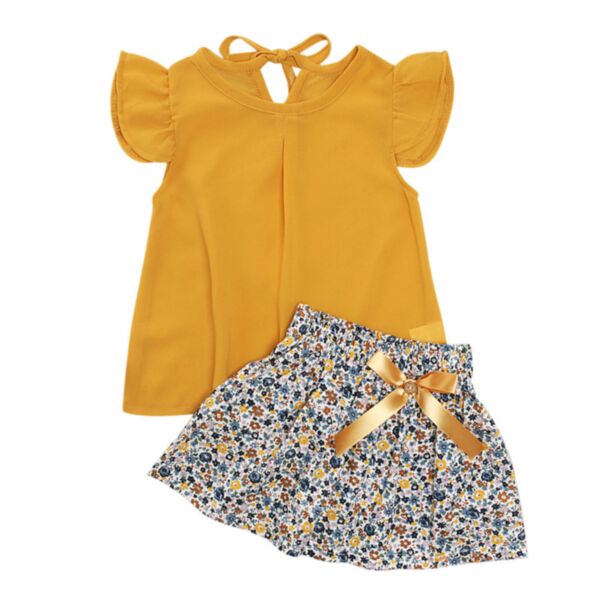 18M-5Y Yellow Lotus Sleeve Tops And Floral Bowknot Skirt Set Wholesale Kids Boutique Clothing KSV493699