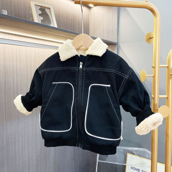 9M-4Y Solid Color Letter Fleece Plush Collar Zipper Jacket Wholesale Kids Boutique Clothing