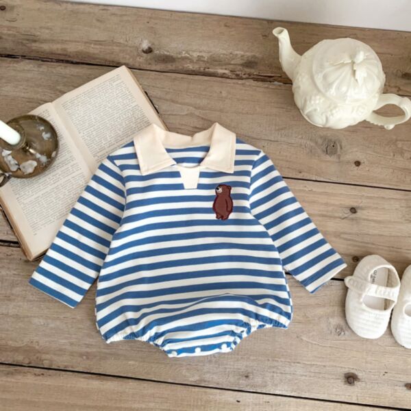 0-18M Baby Girl & Boy Long-Sleeved Cartoon Bear Print Striped Polo Neck Bodysuit Wholesale Baby Clothes Suppliers KJV591798