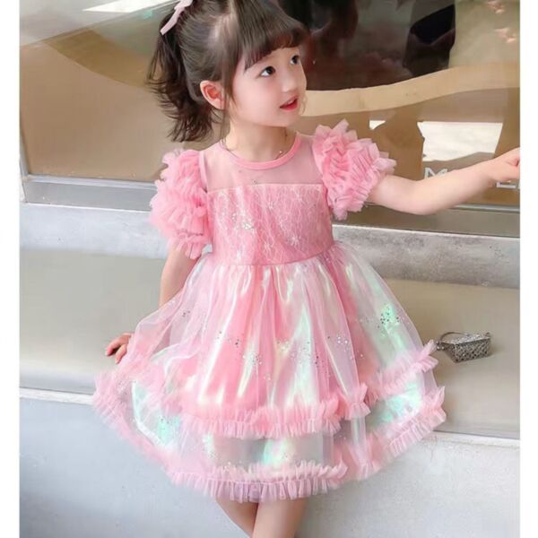 18M-7Y Toddler Girl Solid Color Sequin Ruffle Short-Sleeved Fluorescent Mesh Dress Wholesale Girls Fashion Clothes KDV591789