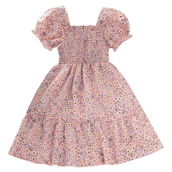 3-7Y Toddler Girl Bubble Sleeve Floral Print Chiffon Princess Dress Big Girl Clothes Wholesale KDV591733