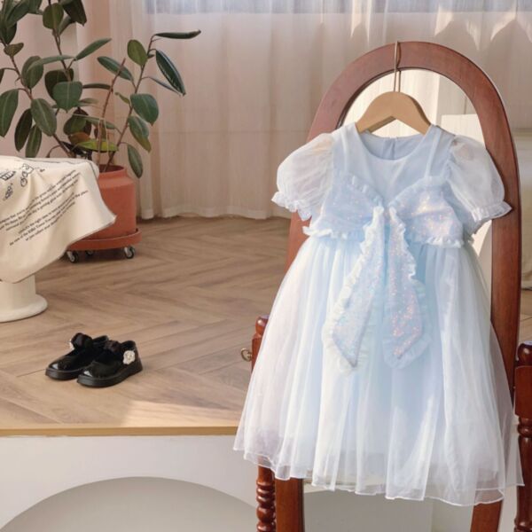 3-8Y Kids Girl Sequin Bow Bubble Sleeve Princess Dress Wholesale Kids Clothing Suppliers KDV591698