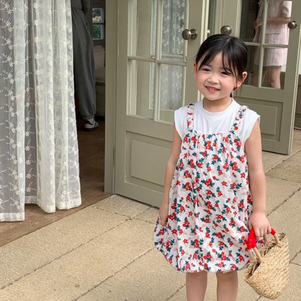 18M-7Y Toddler Girl Sets Short-Sleeved Solid Color Top And Floral Print Suspender Dress Fashion Girl Wholesale KDV591699