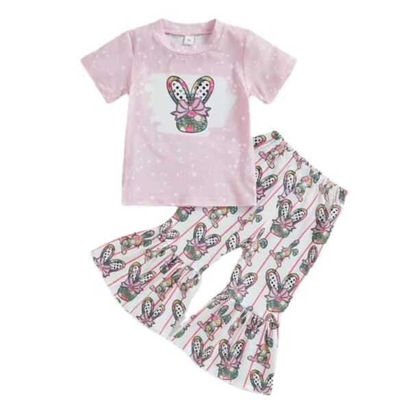 18M-6Y Toddler Girl Sets Easter Short-Sleeved Cartoon Bunny Print Top And Striped Flared Pants Girl Wholesale Boutique Clothing KSV591792