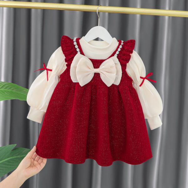 9M-4Y Bubble Sleeve Pullover And Big Bowknot Flying Sleeve Red Dress Set Wholesale Kids Boutique Clothing
