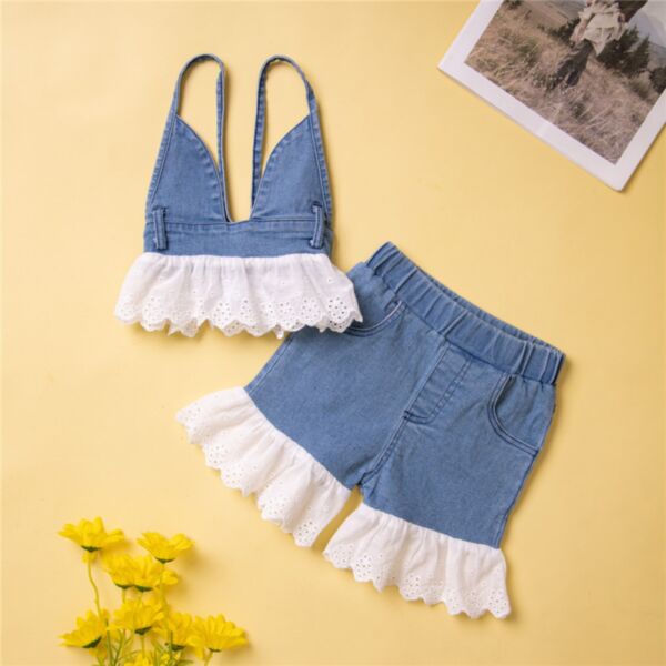 9M-5Y Denim Mesh Suspender Tops And Shorts Set Wholesale Kids Boutique Clothing KSV493565