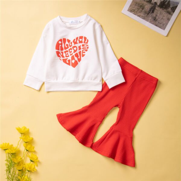 9M-5Y Heart Love Print Pullover And Red Flares Pants Set Wholesale Kids Boutique Clothing KSV493548