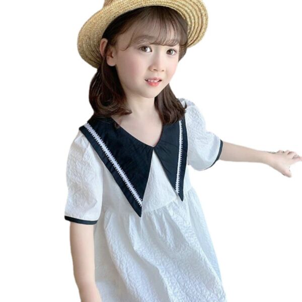 18M-6Y Toddler Girl Color Blocking Short Sleeve Striped Pointed Collar Princess Dress Wholesale Girls Fashion Clothes KDV591826