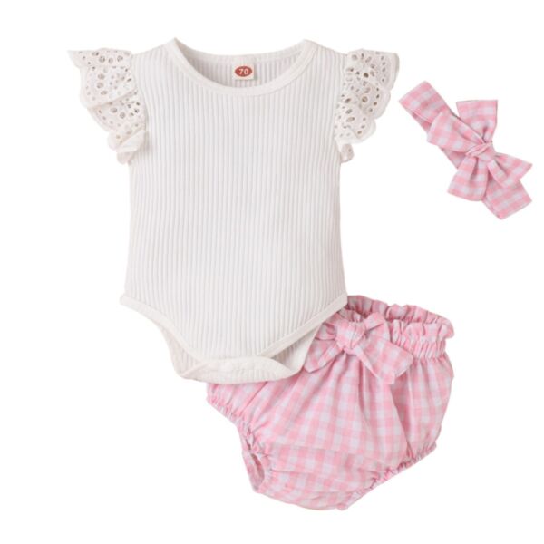 0-18M Baby Girl Sets Solid Color Ribbed Mesh Fly Sleeve Bodysuit And Plaid Shorts And Headband Wholesale Baby Clothing KSV591726
