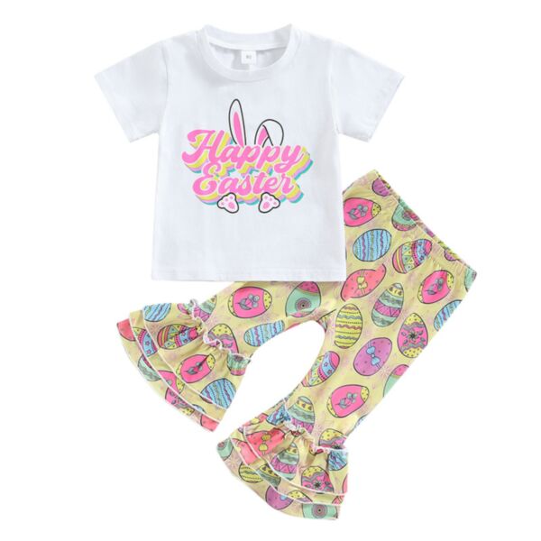 9M-4Y Toddler Girl Sets Easter Short Sleeve Letter Top And Colorful Egg Print Flared Pants Wholesale Girls Clothes KSV591803
