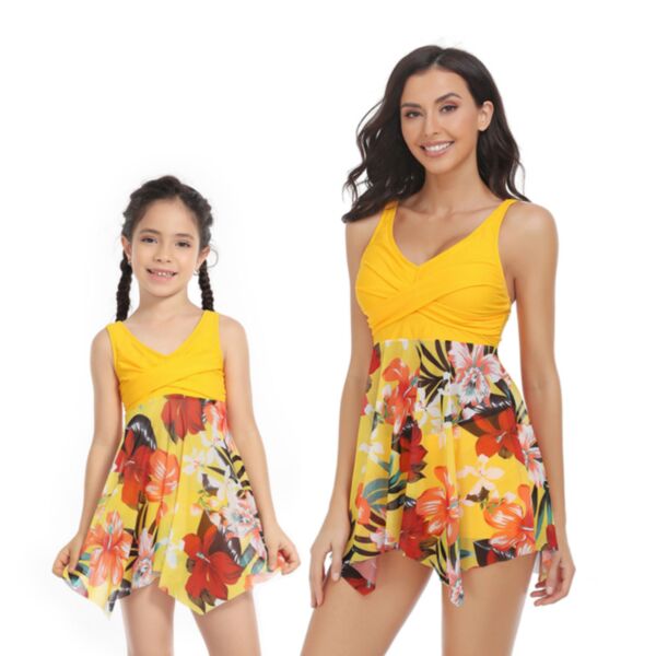 Wholesale Mommy And Me Clothing Flower Print Tank Dress Swimsuit KSWV389114