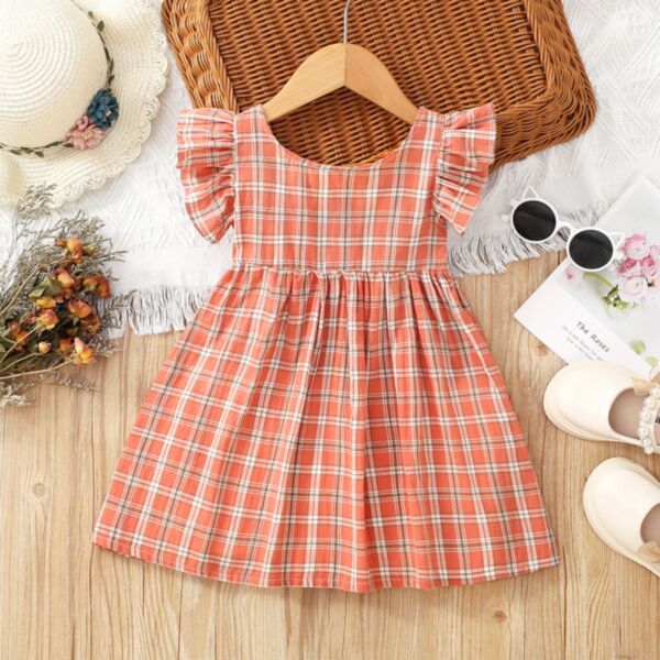 18M-6Y Flying Sleeve Plaid Pleated Dress Wholesale Kids Boutique Clothing KDV493757