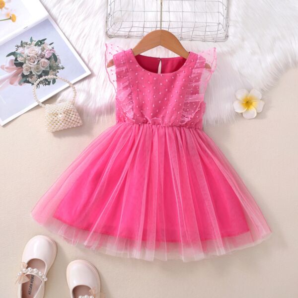 18M-6Y Mesh Flying Sleeve Bowknot Pleated Dress Wholesale Kids Boutique Clothing KDV493756
