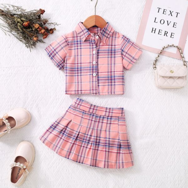 18M-6Y Short Plaid Shirt And Plaid Skirt Set Wholesale Kids Boutique Clothing KSV493752