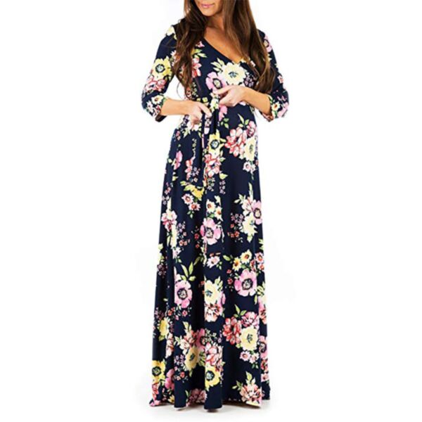 Maternity Floral Print Deep V-Neck Waist Seven-Point Sleeve Floor-Length Dress Wholesale Maternity Clothes KMV591853