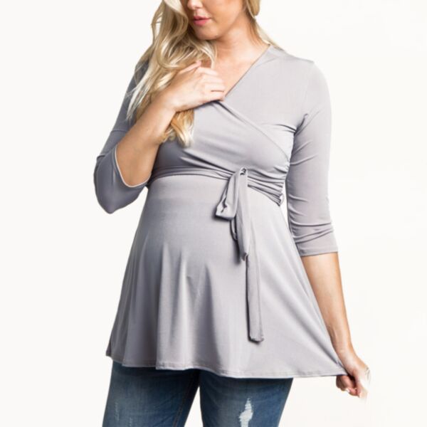 Solid Color Patchwork V-Neck Seven-Part Sleeve Nursing Top With Belt Wholesale Maternity Clothes KMV591852