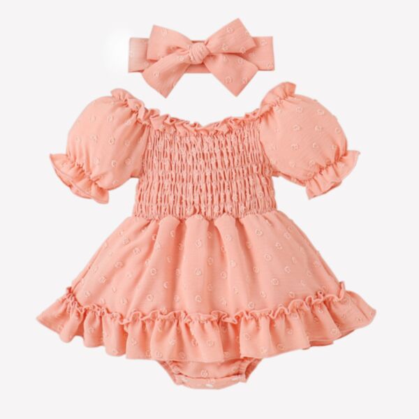 3-18M Baby Girl Solid Color Floral Embroidered Bubble Sleeve Bodysuit And Headband Wholesale Baby Clothes Suppliers KJV591811