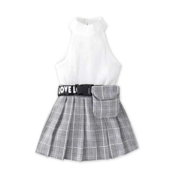 9M-4Y Toddler Girl Sets Solid Color Ribbed Hanging Neck Top And Plaid Pleated Skirt Fashion Girl Wholesale KSV591781