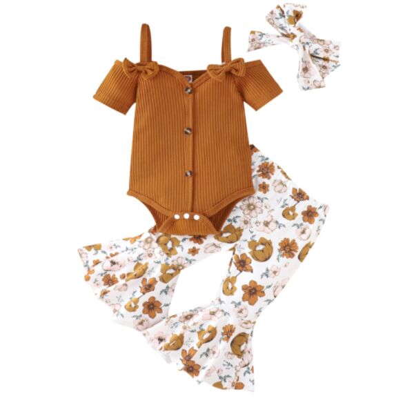 3-18M Baby Girl Sets Tri-Color Ribbed Camisole Bodysuit And Floral Flared Pants And Headband Wholesale Baby Clothes Suppliers KSV591848
