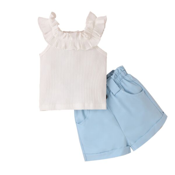 9M-5Y Toddler Girl Sets Solid Color Ribbed Ruffle Suspender Top And Shorts Fashion Girl Wholesale KSV591783