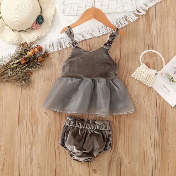 9M-4Y Gold Velvet Suspender Mesh Skirt Dress And Brief Set Wholesale Kids Boutique Clothing