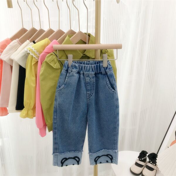 9M-6Y Toddler Girls Cuffed Cartoon Embroidered Loose-Fit Straight-Leg Jeans Wholesale Girls Clothes KPV388924