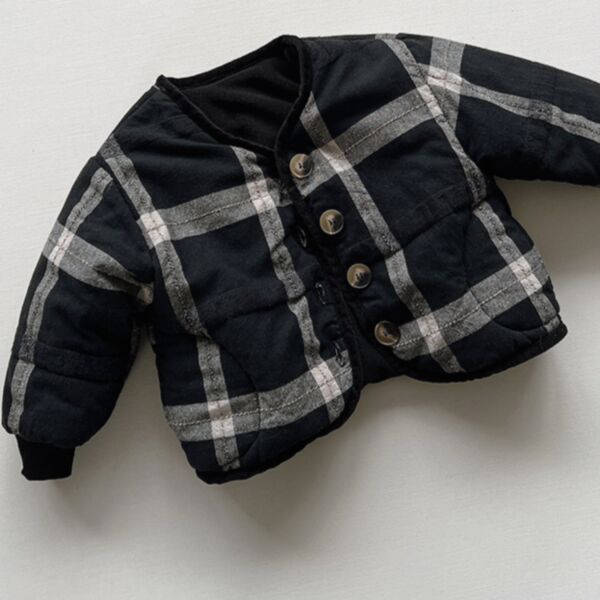 9M-6Y Plaid Button Black Fleece Coat Jacket Wholesale Kids Boutique Clothing KCV493493