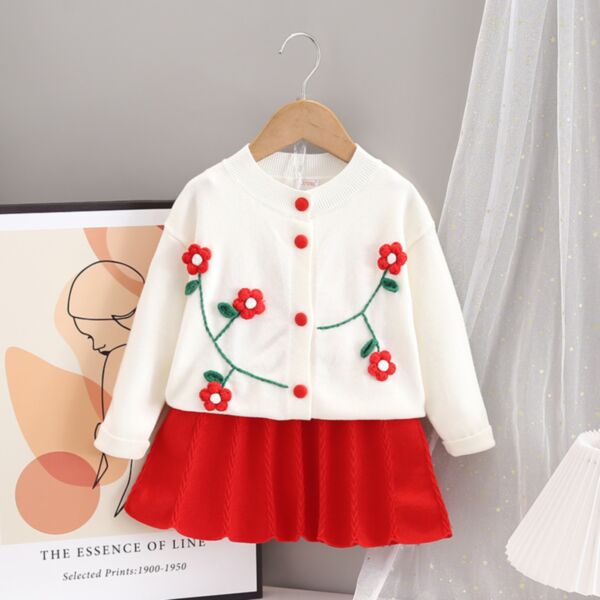18M-6Y Flower Knitwear Button Long Sleeve Cardigan And Pleaded Skirt Set Wholesale Kids Boutique Clothing KSV493467