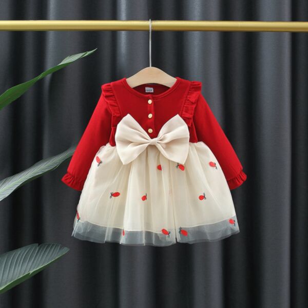 6-24M Flying Long Sleeve Bowknot Mesh Strawberry Bubble Princesses Dress Baby Wholesale Clothing KDV493785