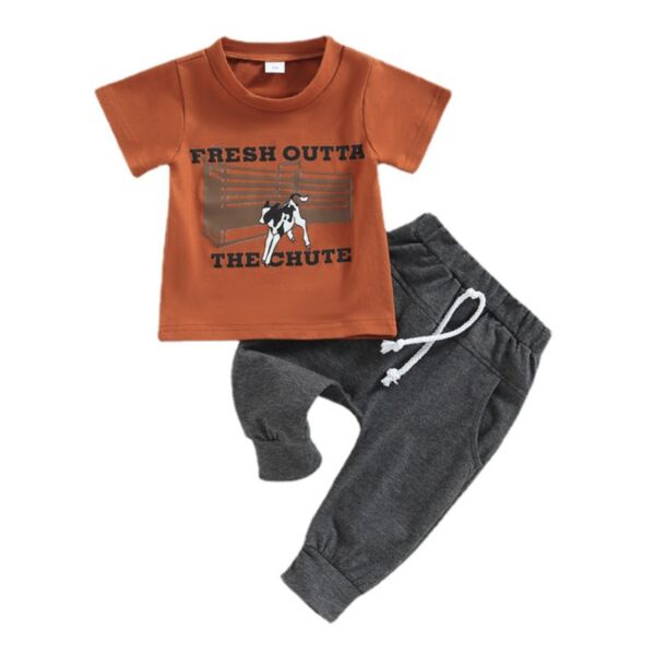 3-24M Baby Boy Sets Short-Sleeved Cartoon Cow Letter Print Top And Pants Wholesale Baby Clothes Suppliers KSV591778
