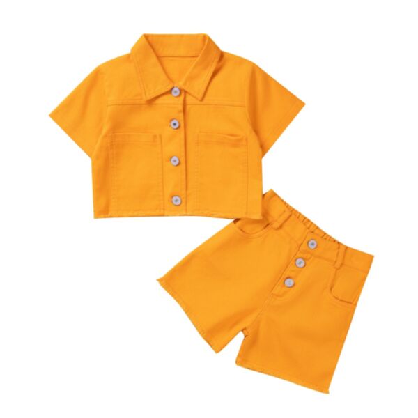 18M-6Y Toddler Girl Sets Solid Color Short-Sleeved Single-Breasted Lapel Denim Top And Shorts Fashion Girl Wholesale KSV591846
