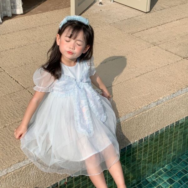 3-8Y Kids Girl Solid Color Short-Sleeved Large Bow Mesh Dress Wholesale Kids Clothes KDV591809
