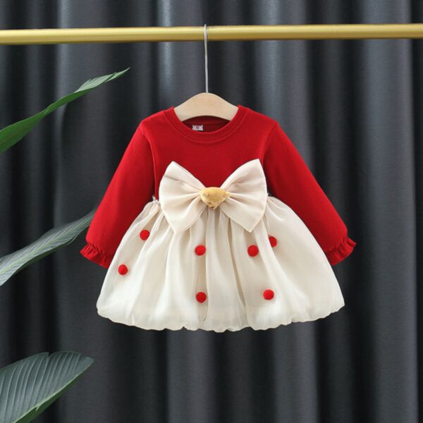 6-24M Lotus Long Sleeve Colorblock Round Hairball Big Bowknot Dress Baby Wholesale Clothing