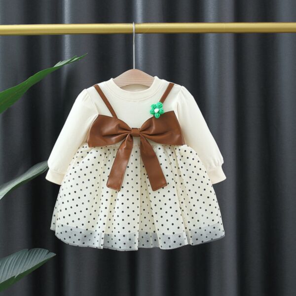 6-24M Long Sleeve Big Bowknot Round Print Mesh Dress Baby Wholesale Clothing