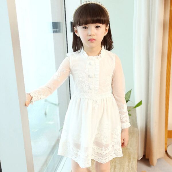 2-7Y Mesh White Lotus Style Lace Dress Wholesale Kids Boutique Clothing KDV493765