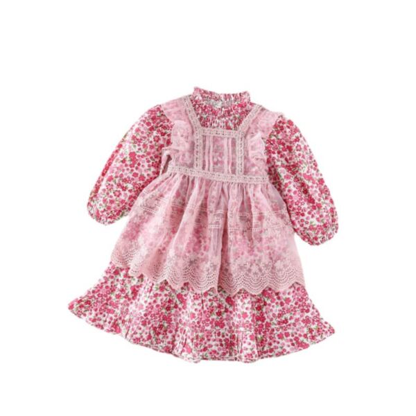 18M-6Y Floral Pink Long Sleeve Lotus Pleated Dress Wholesale Kids Boutique Clothing KSV493828