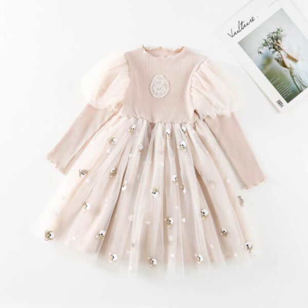 18M-6Y Bear Mesh Bubble Sleeve Knitwear Lace Dress Wholesale Kids Boutique Clothing KDV493827